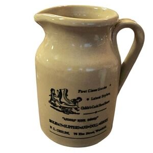 Vintage Made in England Stoneware Pitcher Childs Cash Shoe Store Advertising 8in
